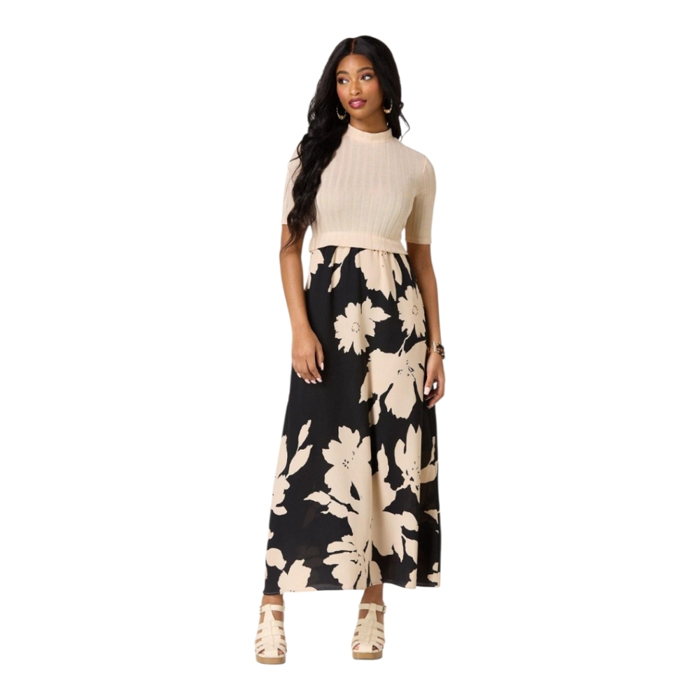 Elegant Black and Cream Floral Maxi Dress